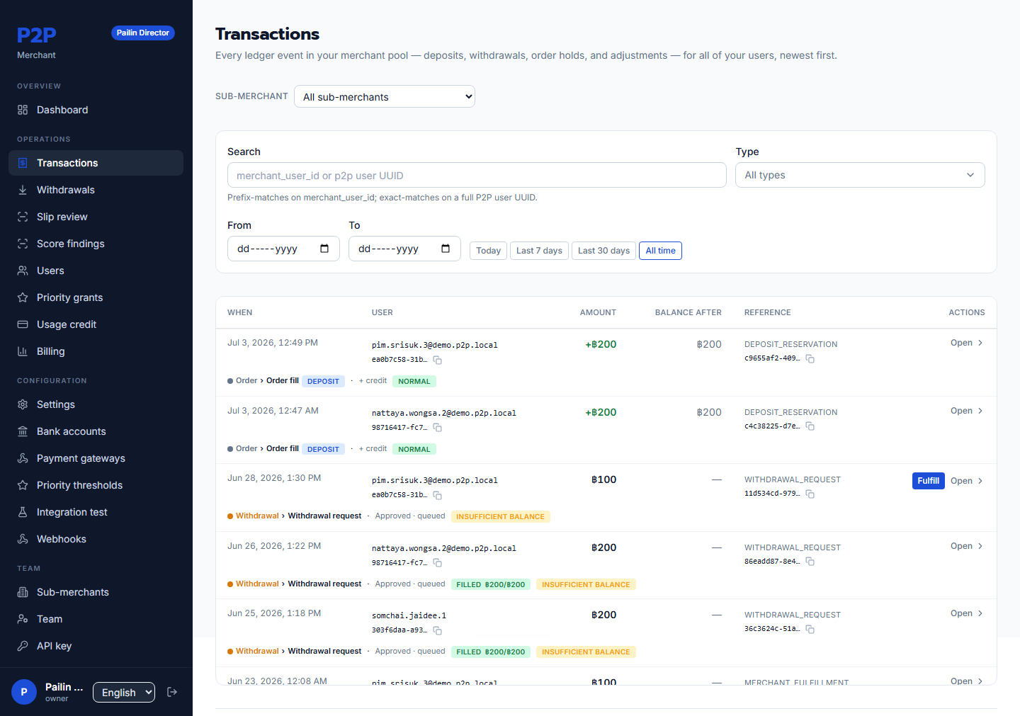 Transactions list with search and filters