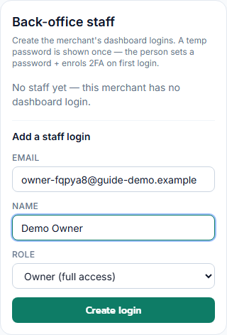 The merchant owner invite form