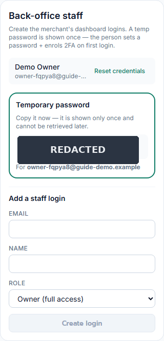 The temporary password, shown once